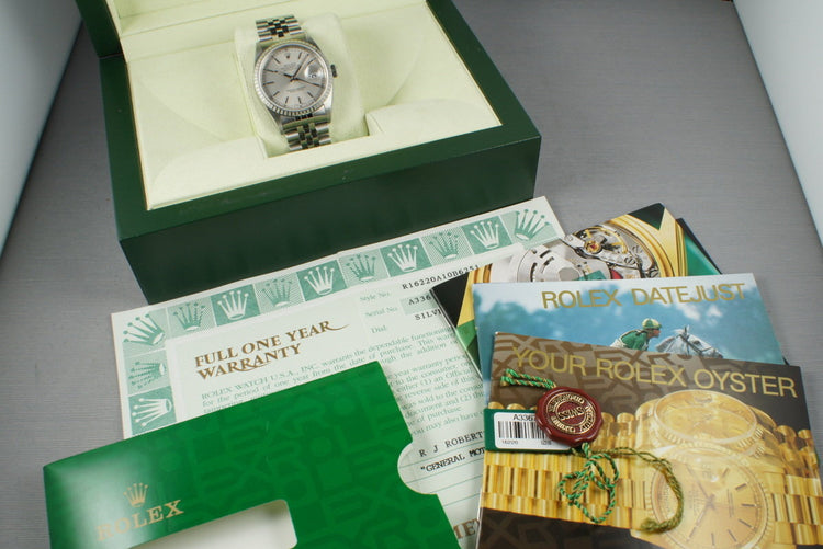Rolex Datejust 16220 with Silver Stick Dial and Box and Papers