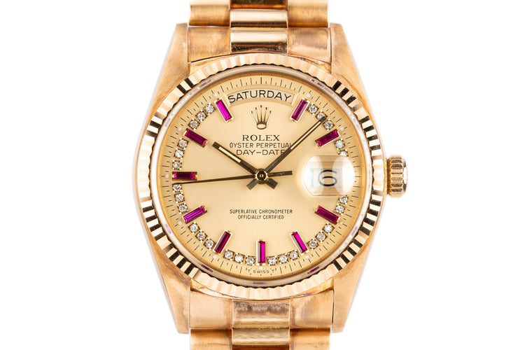 1986 Rolex 18K YG Day-Date 18038 with Diamond and Ruby String Dial