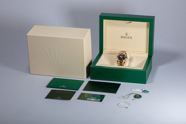 2021 18K Day Date 228238 Bright Black Diagonal Motif Dial Box & Card