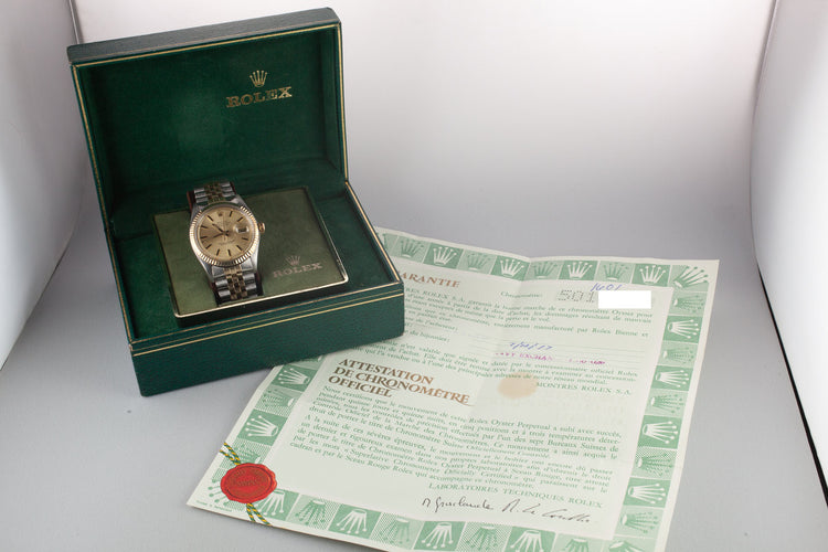1978 Rolex Two-Tone DateJust 1601 Champagne Dial with Box and Papers