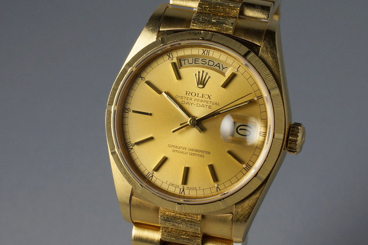 1985 Rolex YG Bark Day Date 18078 Champagne Dial with Box and Papers