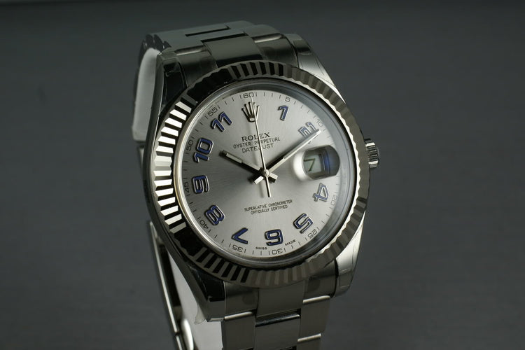 Rolex Datejust II 116334 with RHODIUM and BLUE ARABIC dial MINT