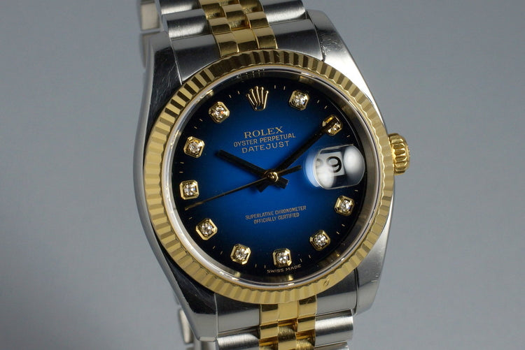 2004 Rolex Two Tone DateJust 116233 Factory Blue Vignette Diamond Dial with Box and Papers