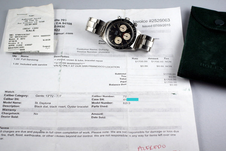 1975 Rolex Daytona 6263 Black Sigma Big Red Daytona Dial with RSC Papers