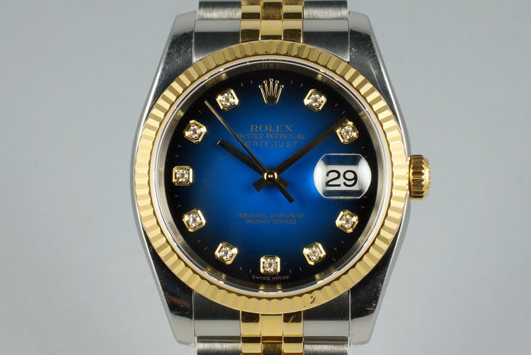 2004 Rolex Two Tone DateJust 116233 Factory Blue Vignette Diamond Dial with Box and Papers