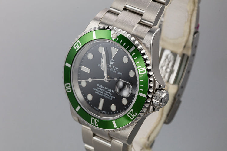 Mint 2003 Rolex Anniversary Green Submariner 16610LV with Box and Papers,Flat 4 Bezel, and Protective Stickers