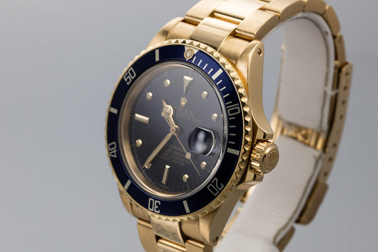1988 Rolex 18K Gold Submariner 16808 Blue Nipple Dial with Box and Papers