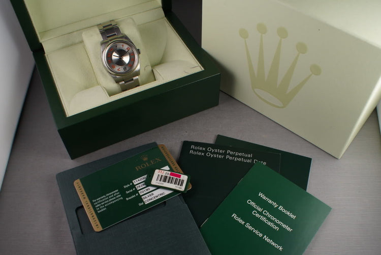 2006 Rolex Air-King M serial 114200 Silver Concentric and Orange Dial