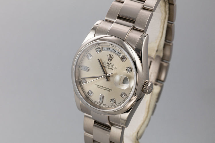 2001 Rolex 18K WG Day-Date 118209 Silver Diamond Dial with Box and Papers