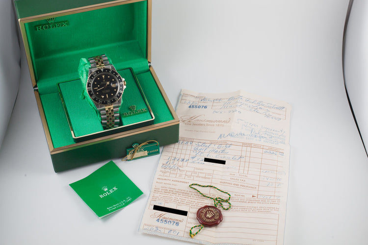 1981 Rolex Two Tone GMT-Master 16753 Black Nipple Dial with Box and Original Sales Receipt