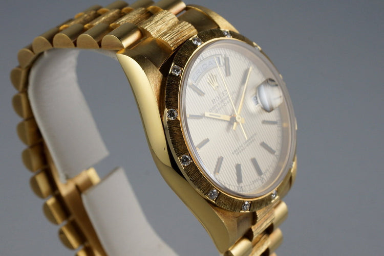1988 Rolex YG Bark Day-Date 18308 Tapestry Dial with Factory Diamond Bark Bezel
