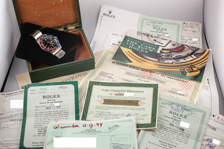 1963 Rolex GMT 1675 PCG Gilt Chapter Ring Underline Dial with Box, Papers, and Service Papers