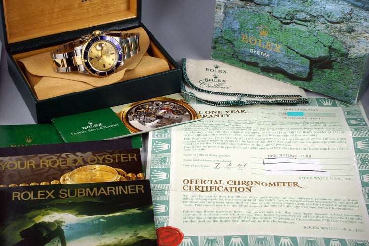 2000 Rolex Two Tone Submariner 16613 Champagne Serti Dial with Box and Papers
