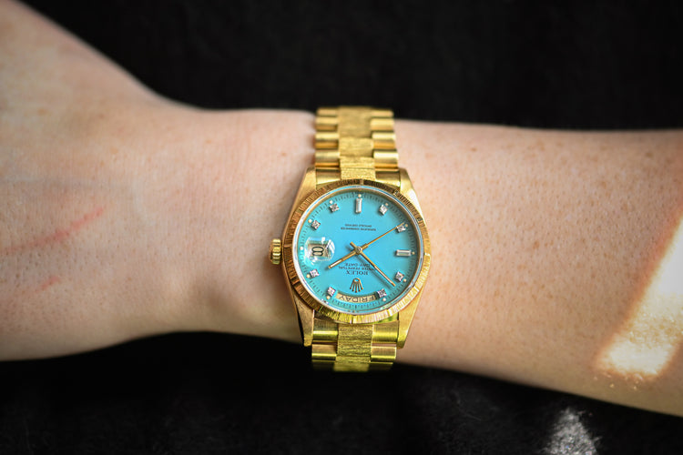 1985 Rolex 18078 Day-Date Blue Stella Diamond Dial Bark Finish