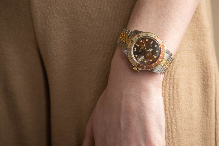 1986 Rolex 16753 18k/St GMT Master Brown Dial Creamy Tritium plots Jubilee Bracelet