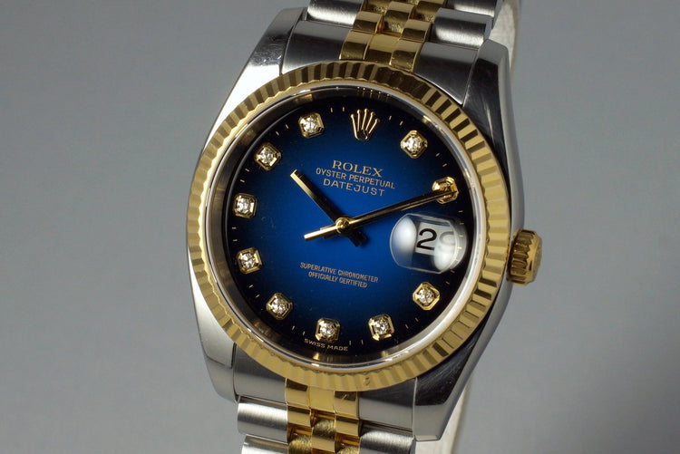 2004 Rolex Two Tone DateJust 116233 Factory Blue Vignette Diamond Dial with Box and Papers
