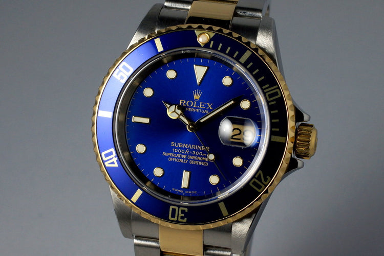2004 Rolex Two Tone Blue Submariner 16613 with Box and Papers