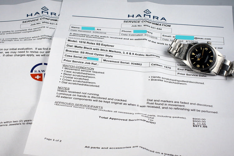 1972 Rolex Explorer 1 1016 with Service Papers