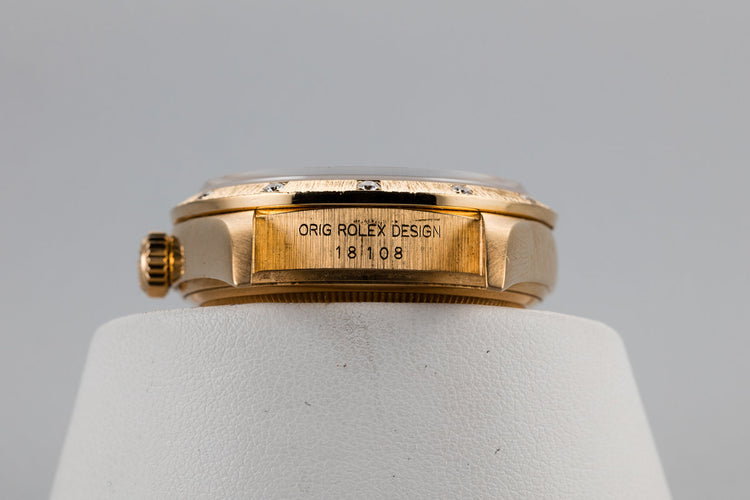 1985 Rolex 18K Day-Date 18108 with Blood Stone Dial and Bark Finish Diamond Bezel Insert