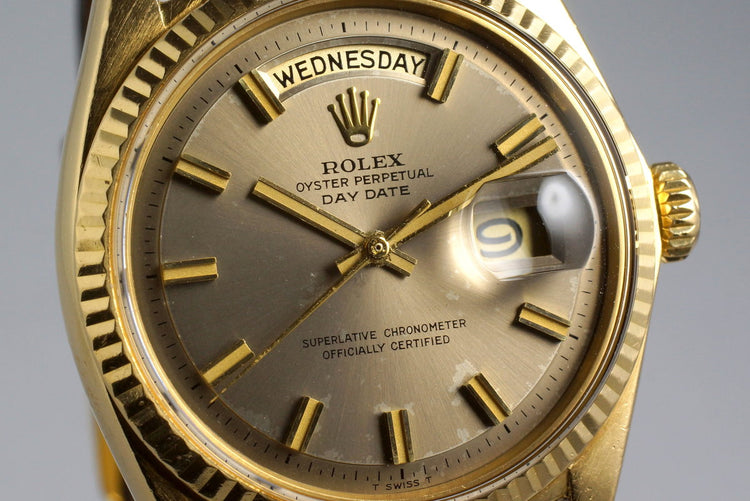 1968 Rolex YG Day-Date 1803 Gray Non-Luminious ‘Wide Boy’ Dial with Punched Papers