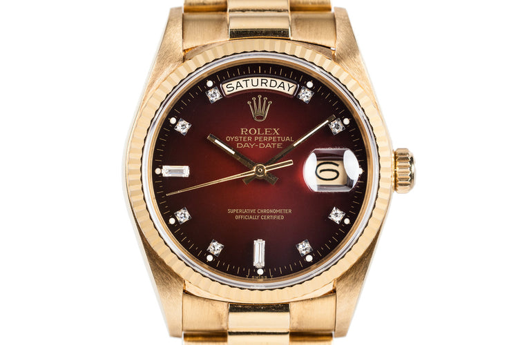 1986 Rolex YG Day Date 18038 Factory Diamond Red Vignette Dial with Box and Papers