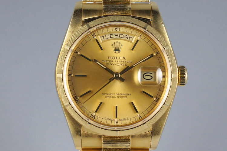 1985 Rolex YG Bark Day Date 18078 Champagne Dial with Box and Papers