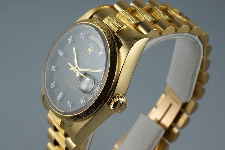 1979 Rolex YG Bark Day Date 18078 Factory Diamond Vignette Dial with Box and Papers