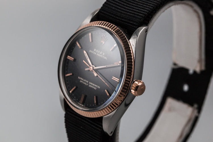 1964 Rolex Rose Gold and Stainless Steel Oyster Perpetual 1005 Black Gilt Dial