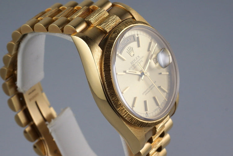 1979 Rolex YG Bark Day Date 18078 Champagne Dial with Box and Papers