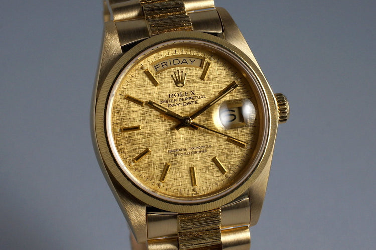 1982 Rolex YG Bark Day Date 18078 Champagne Linen Dial
