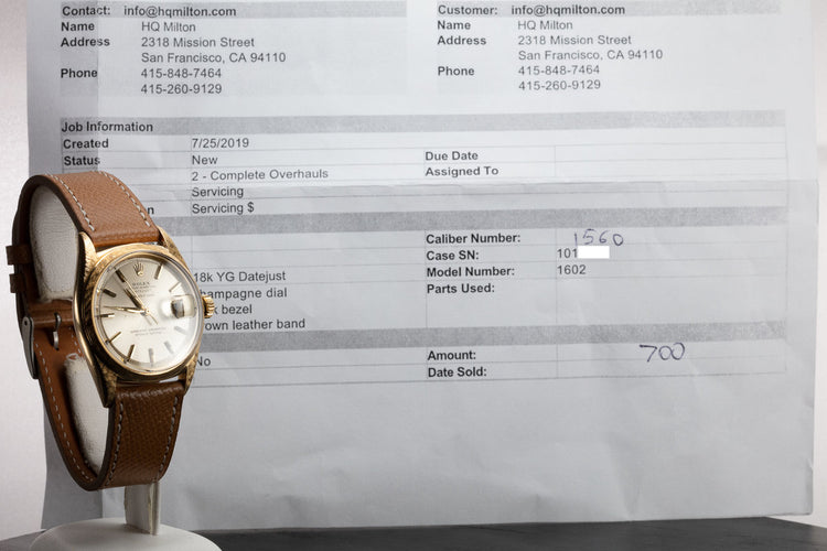 1964 Rolex 18K YG Morellis DateJust 1602 Silver Serpico Y Laino Dial with Service Papers