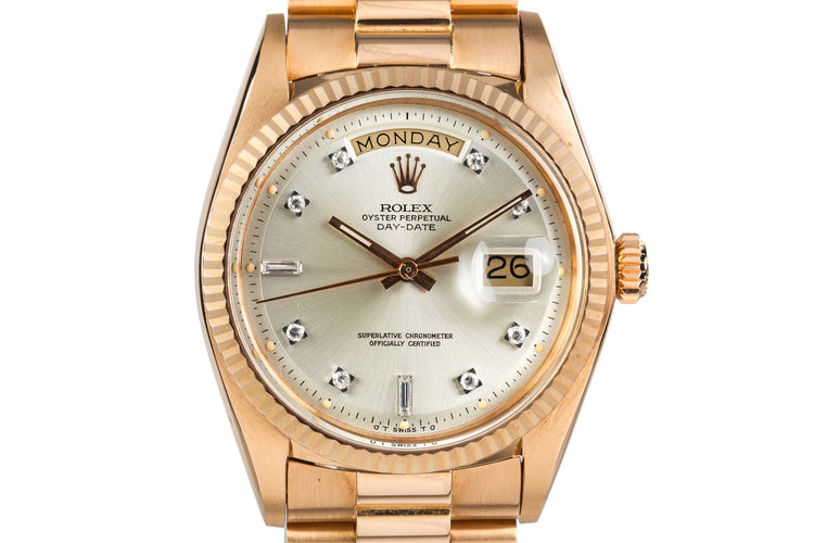 1972 Rolex Rose Gold Day Date 1803 Factory Diamond Silver Dial