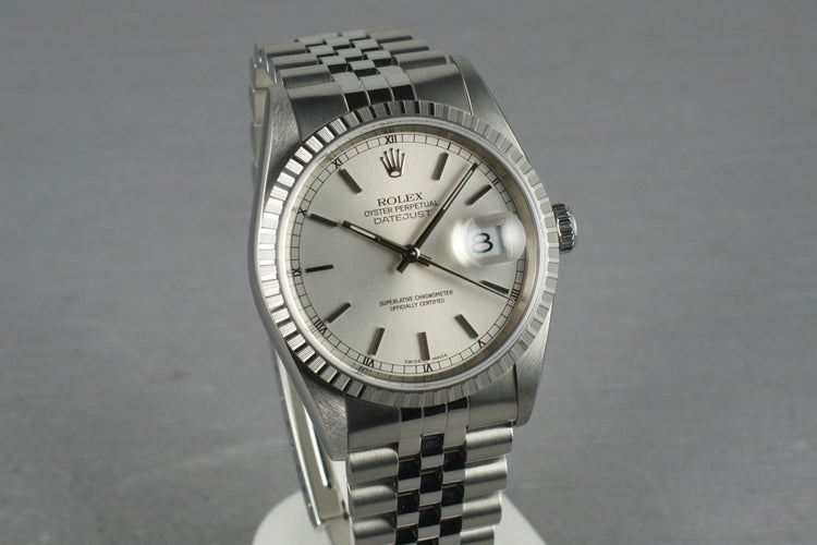 Rolex Datejust 16220 with Silver Stick Dial and Box and Papers