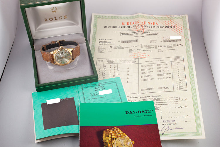 1969 Rolex 18K YG Day-Date 1803 Silver Wide Boy Dial with Box and Papers