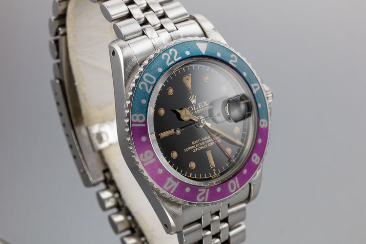 1961 Rolex Pointed Crown Guard GMT-Master 1675 Fuchsia with Gilt Chapter Ring Exclamation Dial