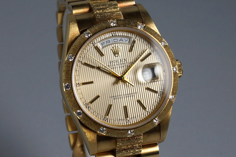 1988 Rolex YG Bark Day-Date 18308 Tapestry Dial with Factory Diamond Bark Bezel