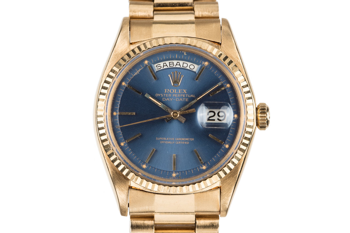 HQ - 1967 Rolex 18K Day-Date 1803 Blue Dial Spanish Day Wheel, Inventory #A224, For Sale