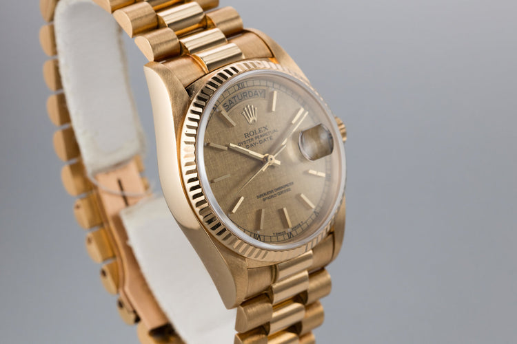 1985 Rolex 18K YG Day-Date 18038 with Gold Linen Dial
