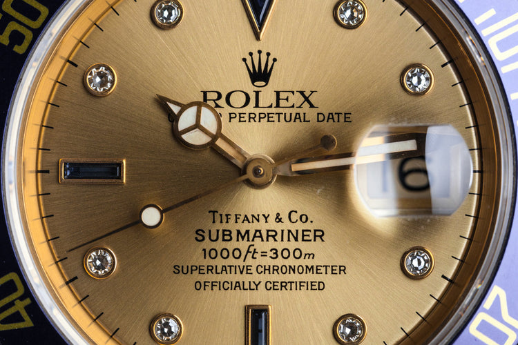 1990 Rolex YG Submariner 16618 Gold Tiffany & Co. Dial with Sapphire and Diamonds