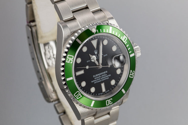 Mint 2003 Rolex Anniversary Green Submariner 16610LV with Box and Papers,Flat 4 Bezel, and Protective Stickers