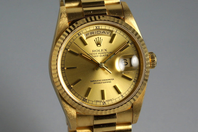 1991 Rolex YG Day-Date 18238 Champagne Dial with Box and Papers