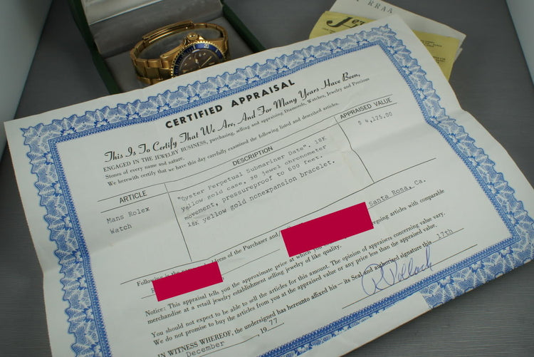 Rolex 18K Yellow Gold Submariner 1680 with Box, Papers, Sales Receipt