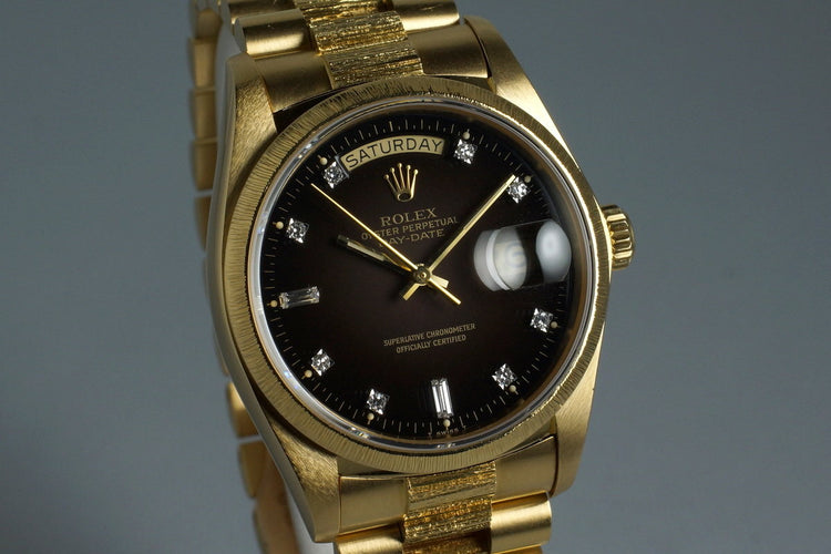 1979 Rolex YG Bark Day Date 18078 Factory Diamond Vignette Dial with Box and Papers
