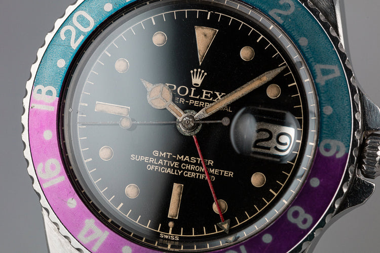 1961 Rolex Pointed Crown Guard GMT-Master 1675 Fuchsia with Gilt Chapter Ring Exclamation Dial