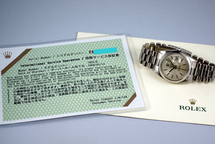 1969 Rolex WG Day-Date 1803 Silver Dial with RSC Papers