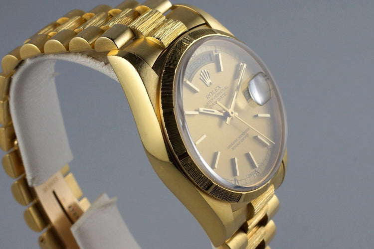 1985 Rolex YG Bark Day Date 18078 Champagne Dial with Box and Papers