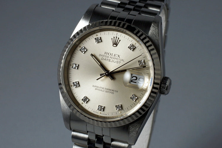1990 Rolex DateJust 16234 with Factory Diamond Silver Dial