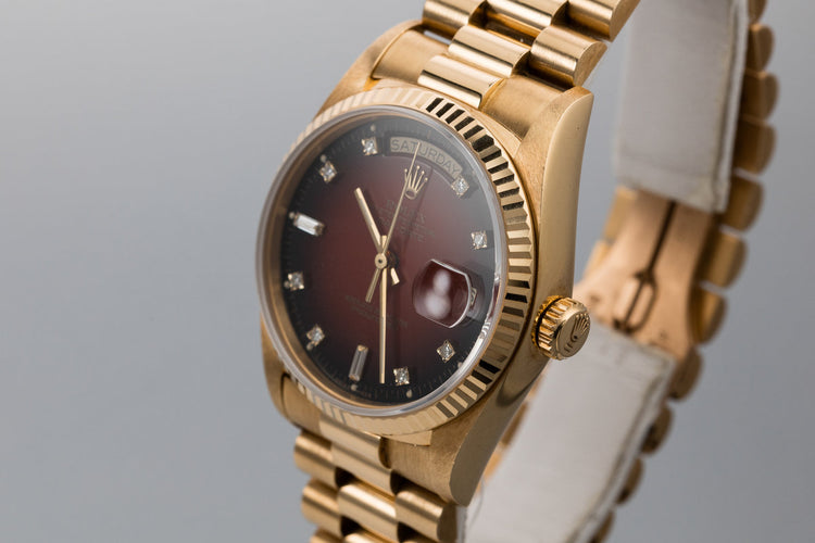 1987 Rolex 18K Day-Date 18038 with Red Diamond Vignette Dial