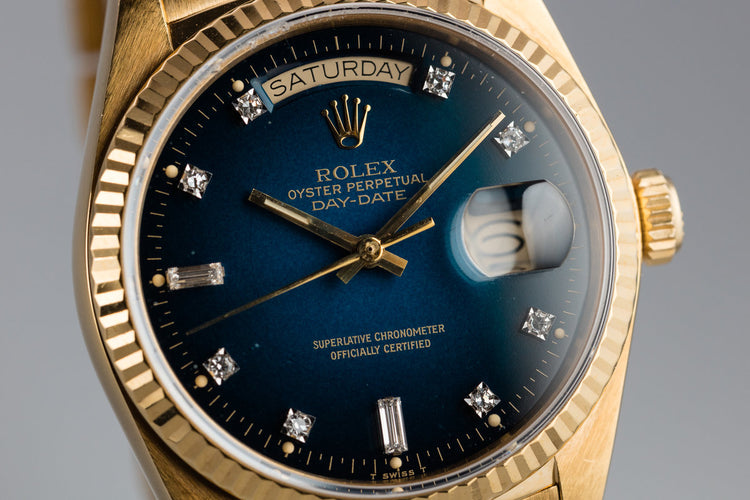 1985 Rolex 18K YG Day-Date 18038A with Factory Diamond Blue Vignette Dial