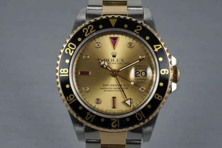 1995 Rolex Two Tone GMT II 16713 with Champagne Serti Dial